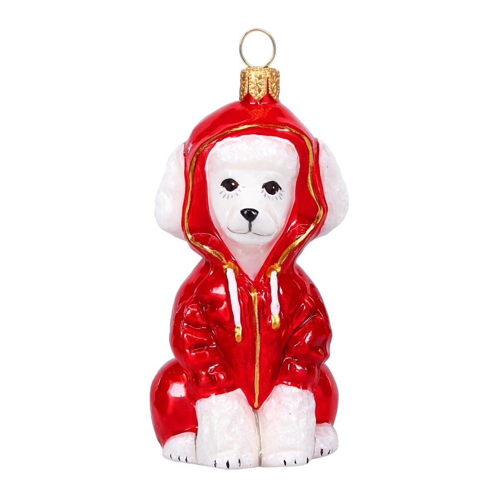 Joy to the World White Poodle in Red Hoodie Polish Glass Christmas Tree Ornament